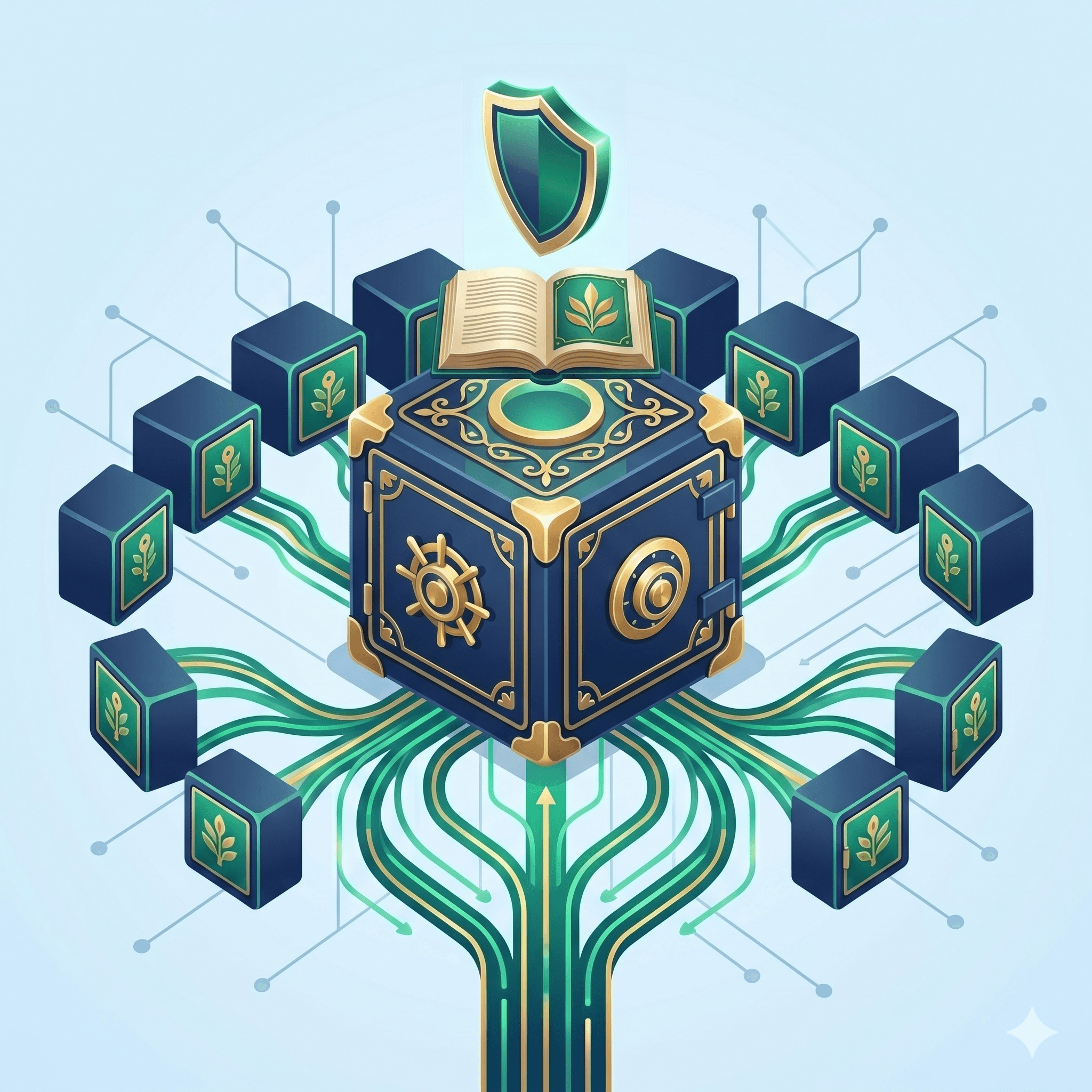Legado Digital Seguro (Proteger y Asegurar) cofre del tesoro isométrico de color azul oscuro y oro, protegido por un escudo dorado brillante